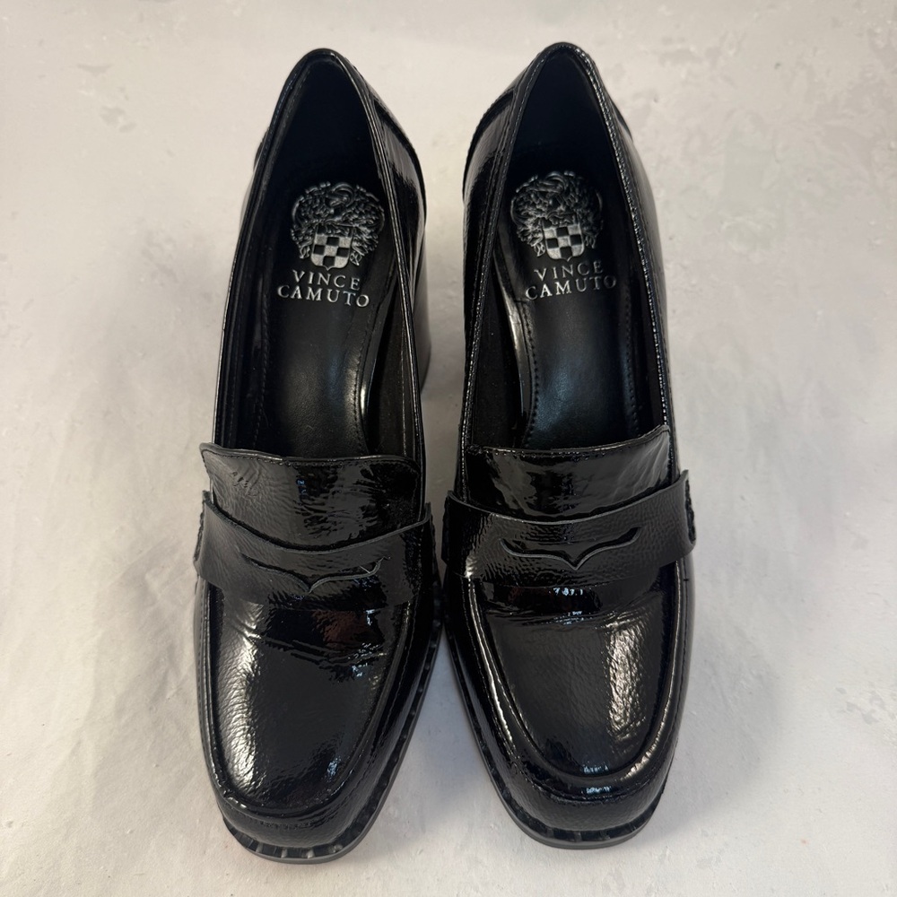 Vince Camuto Carigina Black Patent Leather Penny Loafer Block Heel grunge goth - Picture 2 of 9